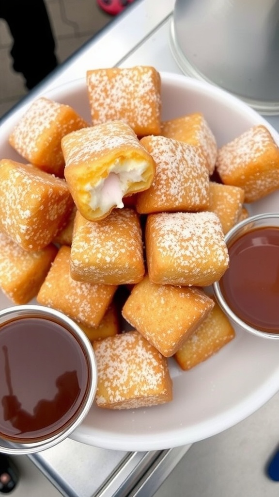 Crispy deep-fried marshmallows on a plate with powdered sugar and dipping sauces.